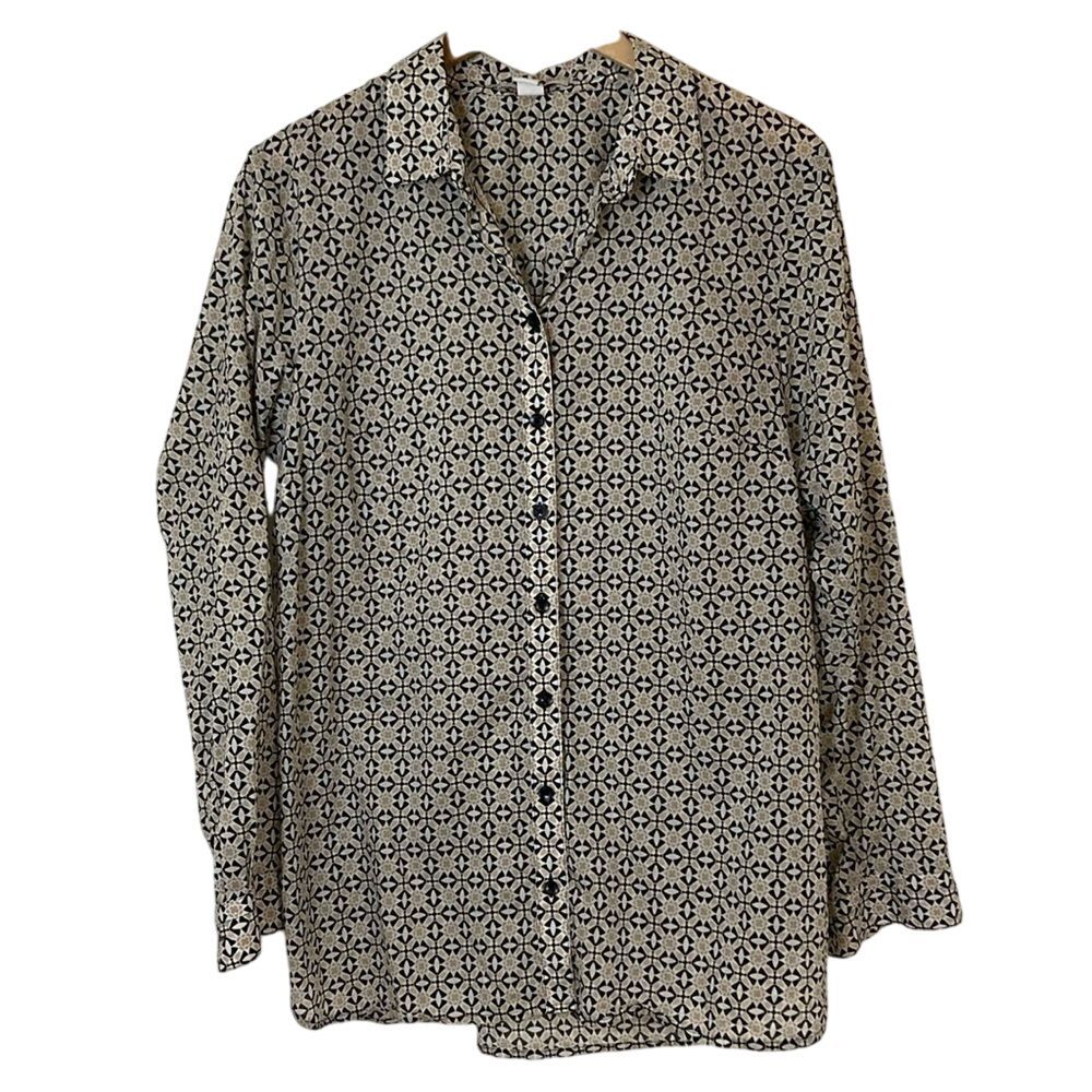Coldwater Creek Womens Cotton Button Up No Iron Shirt Size XL Black Tan White